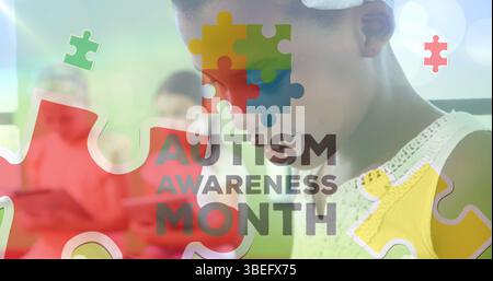 Image du texte du mois de sensibilisation à l'autisme sur divers écoliers Banque D'Images