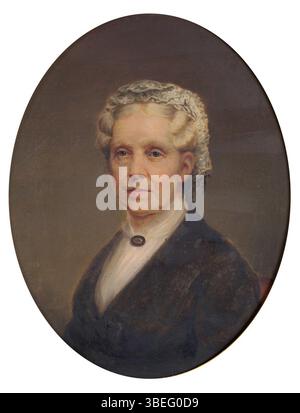 Portrait à l'huile sur carton de Lucy Morris Woodruff Seymour (1807-1894), créé vers 1870. Le portrait montre Seymour portant une robe noire et un fichu blanc, avec des cheveux gris et des yeux bruns. L'image a été créée en peignant sur une photographie, dans un cadre orné. Le tableau est conservé à la Litchfield Historical Society. Banque D'Images