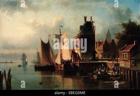 Cette peinture de 2000 de Johannes Frederick Hulk Jr. décrit le processus de déchargement des navires dans un port néerlandais. La scène capture le mouvement et le travail de la vie portuaire, avec un accent sur les chiffres et l'activité dans un environnement maritime occupé. Banque D'Images