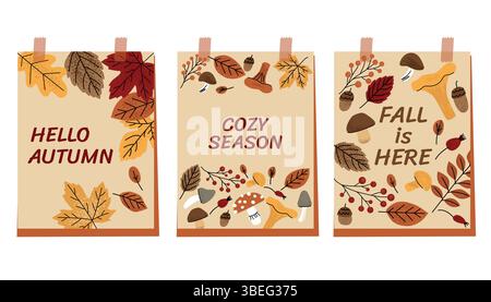 Affiches plates sur le thème de l'automne avec des messages texte confortables. Décoré avec des feuilles colorées, des champignons, des baies et des glands. Parfait pour un design saisonnier et Illustration de Vecteur