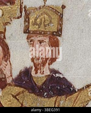 Cette œuvre du XIe ou XIIe siècle montre l'empereur Michel V, offrant une représentation visuelle de son règne dans l'Empire byzantin. La pièce fait partie d'un manuscrit plus grand, probablement de Madrid Skylitzes. Banque D'Images