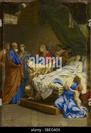 Saint Pierre ressuscite Tabitha d'Eustache le sueur dépeint Saint Pierre élevant Tabitha d'entre les morts. Le tableau, conservé au Musée des beaux-arts de l'Ontario, illustre l'acte miraculeux de la tradition chrétienne. Banque D'Images