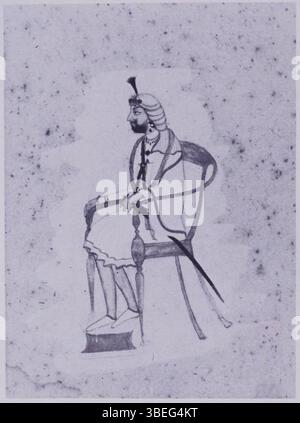 Cette œuvre présente Maharaja Nau Nihal Singh, le petit-fils de Ranjit Singh, assis sur une chaise. Le tableau a été créé par l'école sikhe dans les plaines du Pendjab vers 1840 et est conservé au Musée de Lahore. Le portrait est inscrit en persan et en anglais et mesure 203 x 139 mm. Banque D'Images