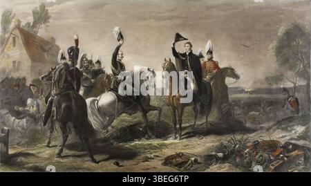 Cette gravure de Charles G. Lewis, basée sur une peinture de Thomas Jones Barker, représente la rencontre entre le duc de Wellington et le général prussien Blücher après la bataille de Waterloo. La scène capture un moment charnière de l'histoire européenne. Banque D'Images