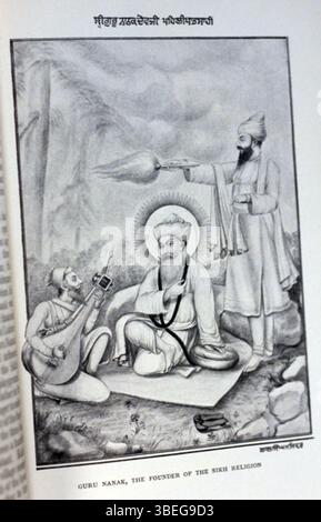 Cette illustration tirée de 'la religion sikh' (1909) représente Guru Nanak, le fondateur du sikhisme, capturant son rôle de chef spirituel au début du XXe siècle. L’image fait partie du travail de Macauliffe sur le sikhisme, reflétant ses efforts pour documenter et illustrer l’histoire sikhe. Banque D'Images