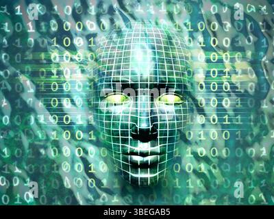 Tête humaine émergeant d'une surface d'eau et de code binaire. Illustration numérique. Banque D'Images
