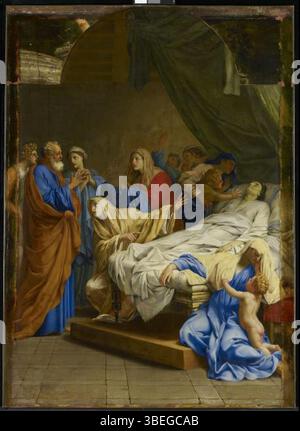 'The Raising of Tabitha' d'Eustache le sueur, créé vers 1640-1645, illustre le moment biblique où Saint Pierre ressuscite Tabitha d'entre les morts. Le tableau dépeint une scène dramatique de résurrection dans un style baroque. Banque D'Images