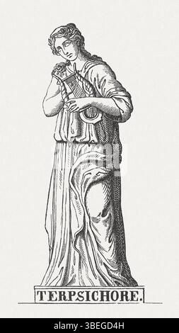 Terpsichore, la muse grecque de la danse et du refrain, est représentée dans cette gravure sur bois de 1878. Elle est montrée dans une pose dynamique, capturant le mouvement et la grâce de la danse, ainsi que l'expression artistique à travers la musique et la chorégraphie dans la culture grecque antique. Banque D'Images