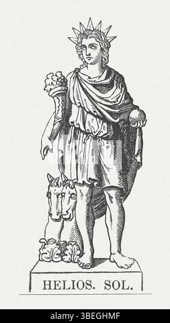 Cette gravure sur bois de 1878 représente Helios, le Dieu-soleil grec, souvent représenté conduisant son char à travers le ciel. En tant que personnification du soleil, Helios représente la force vitale du soleil et son importance dans la mythologie grecque. Banque D'Images