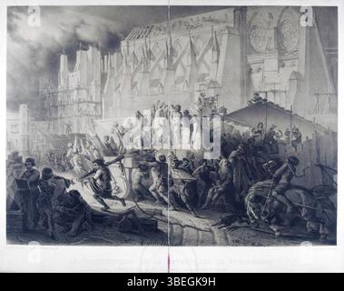 Représentation artistique de la construction de la cathédrale de Strasbourg à la fin du XIIIe siècle, montrant l’architecte Erwin von Steinbach présentant son plan à Mgr Conrad parmi les ouvriers et les citadins. Banque D'Images