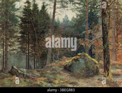 Cette peinture de James Thomas Watts présente une scène tranquille dans une pinède galloise, soulignant l'atmosphère paisible de la forêt avec ses grands pins et son environnement calme. Banque D'Images