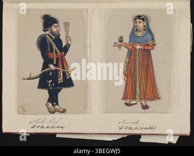 Cette œuvre d'art tirée de 'soixante-dix-deux spécimens de castes en Inde' représente un chef sikh et sa femme datant d'environ 1837. La pièce donne un aperçu de la tenue traditionnelle et du statut de la noblesse sikhe au XIXe siècle. Banque D'Images