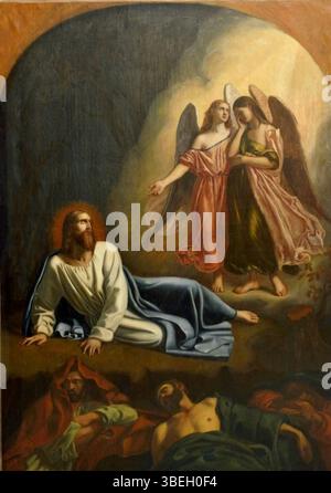 Cette peinture anonyme intitulée 'le Christ au Mont des oliviers' représente l'agonie dans le jardin, une scène biblique de la vie du Christ. La peinture capture le moment intense de prière et de souffrance dans la théologie chrétienne. Banque D'Images