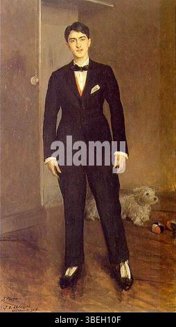 Dans ce portrait de Jacques-Émile Blanche de 1913, Jean Cocteau est représenté debout, mettant en valeur le style distinctif de l’écrivain français. La peinture reflète le mélange de réalisme et de modernisme du début du XXe siècle, en mettant l’accent sur la personnalité intellectuelle de Cocteau. Banque D'Images