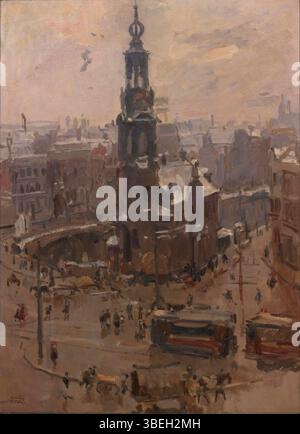 La peinture d’Isaac Israëls de 1918 montre la tour Munt à Amsterdam pendant l’hiver, capturant une scène hivernale froide mais paisible avec des tons doux et des effets de lumière. Banque D'Images