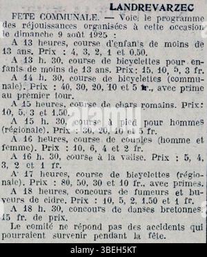 Le programme *Fête Landrévarzec*, publié le 3 août 1925 dans *la Dépêche de Brest et de l'Ouest*, décrit les activités du festival communautaire tenu à Landrévarzec. L'événement reflète les traditions culturelles locales et l'engagement communautaire. Banque D'Images