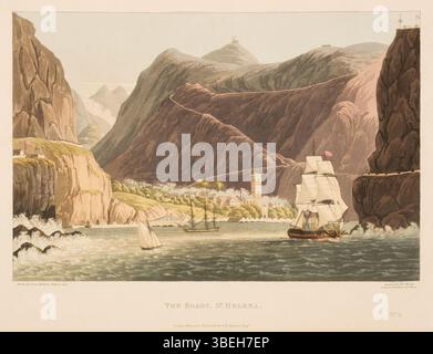 Une plaque d'aquatinte colorée de George Hutchins Bellasis, gravée par Robert Havell, représentant 'les routes' sur Sainte-Hélène, publiée en 1815. Le tirage offre une vue panoramique sur le port de l'île, contribuant aux représentations historiques de Sainte-Hélène. Banque D'Images