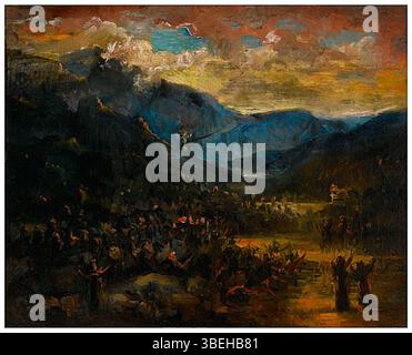 Dans cette peinture à l'huile vers 1895, Henry Ossawa Tanner capture l'histoire biblique de l'Adoration du veau d'or. La scène représente les Israélites adorant l'idole dans le désert, un moment clé dans l'histoire de l'Exode. L’interprétation de Tanner est marquée par son style réaliste et son attention aux thèmes spirituels. Banque D'Images