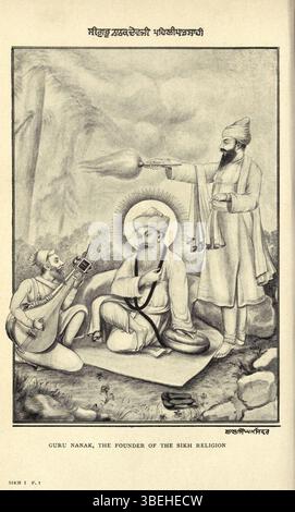 Cette illustration de 1909 tirée de « The Sikh religion » de Max Arthur Macauliffe montre Guru Nanak avec Bhai Mardana et Bhai Bala. Le croquis, préparé par Thakur Lal Singh, dépeint ces personnages sikhs importants dans un contexte historique. Banque D'Images