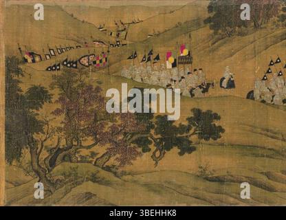 Cette scène représente la cavalerie marchant, comme le montre le rouleau de la dynastie Song * images de présages de bon augure *. L'œuvre est attribuée à un artiste inconnu et illustre un événement militaire historique. Banque D'Images