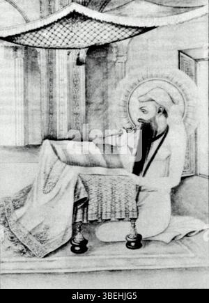 Cette illustration tirée de « la religion sikh » de Max Arthur Macauliffe (1909) montre Guru Arjan avec l'Adi Granth, l'écriture centrale du sikhisme. Guru Arjan est représenté comme une figure clé dans la compilation des écrits sacrés du sikhisme. Banque D'Images