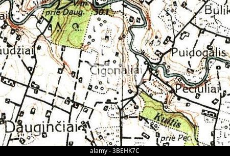 Ce plan de 1939 montre le tracé du village de Cigonaliai en Lituanie. La carte fournit une vue historique de la structure du village pendant cette période. Banque D'Images