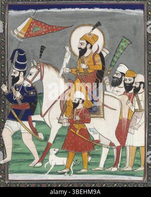 Cette peinture à la gouache du XIXe siècle représente Guru Gobind Singh à cheval avec des accompagnateurs. L'œuvre d'art est rehaussée de doré, monté et encadré. Il représente un important chef sikh et guerrier dans l'histoire indienne, capturant sa présence royale et spirituelle. Banque D'Images