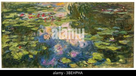 'Le bassin aux nymphéas' est un tableau célèbre de Claude Monet créé entre 1917 et 1919. Cette œuvre fait partie de sa série emblématique de nénuphars, représentant une scène de jardin d'eau tranquille avec un feuillage luxuriant et des reflets. La peinture montre la maîtrise de Monet dans la capture de la lumière et de la couleur, caractéristique de ses œuvres ultérieures dans le style impressionniste. Banque D'Images