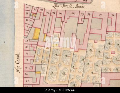 Ce détail de la carte de Christian Gedde de 1757 de Sankt Annæ Øster Kvarter à Copenhague, au Danemark, montre la zone entre le N° 10 et le N° 19. La carte donne un aperçu de la configuration de la ville au XVIIIe siècle, capturant la planification urbaine historique et le développement de Copenhague. Banque D'Images