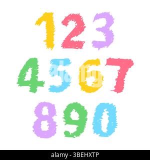 Numéros dessinés à la main. Majuscules modernes police et police de caractères. Symboles multicolores sur fond blanc. Illustration vectorielle. Illustration de Vecteur