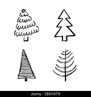 Arbres de Noël dessinés à la main. Ensemble de quatre illustrations croisées monochromes de FIRS. Éléments de gribouillage pour les vacances d'hiver. Illustration vectorielle Illustration de Vecteur