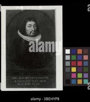Cette photographie en noir et blanc capture une peinture de Johann Rodolph Wettstein, datant de 1670 à 1711, mettant en valeur une figure historique dans une représentation artistique. Banque D'Images