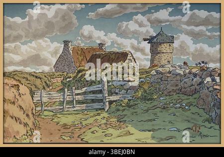 Lithographie de 1910 d'Henri rivière intitulée 'le vieux moulin à Loguivy', tirée de la série 'le beau pays de Bretagne', mesurant 23 x 35 cm, représentant un vieux millésime. Banque D'Images