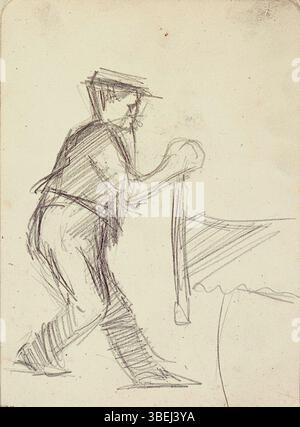 Le carnet de croquis de Theo van Doesburg de juillet 1910 comprend un dessin d’un ouvrier utilisant une scie à tirer, illustrant l’intérêt de l’artiste pour le travail et le travail manuel au début du XXe siècle. Banque D'Images