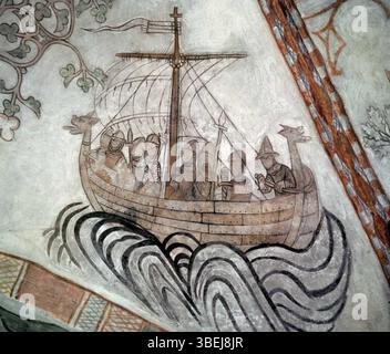 Cette fresque de l'église Skamstrup au Danemark, située sur la voûte orientale de l'église, représente un thème religieux. La peinture, qui fait partie de la collection du Musée national du Danemark, est un exemple de l'ecclésiastique médiéval danois Banque D'Images