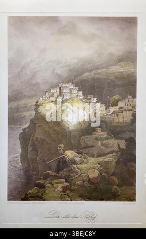 Lithographie de 1853 environ basée sur un croquis du prince Waldemar de Prusse représentant un paysage au-dessus de la rivière Sutlej en Inde. Banque D'Images