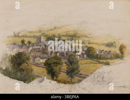 Le « paysage anglais » de Harold Broadfield Warren, créé à la fin du XIXe siècle, est une pièce en aquarelle et graphite. Mesurant 5 x 6 7/8 pouces, il dépeint une scène rurale anglaise, mettant en valeur l'habileté de Warren à capturer la beauté naturelle à travers des couleurs et des formes délicates. Banque D'Images