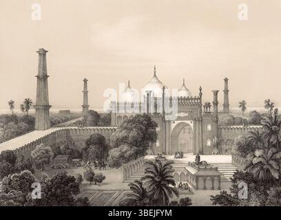 Cette lithographie de 1853 montre le jardin Hazuri Bagh et la porte principale de la mosquée Badshahi à Lahore, au Pakistan. Il est basé sur un croquis du prince Waldemar de Prusse réalisé lors de ses voyages en Inde de 1844 à 1846. Publiée à Berlin, la lithographie comprend des contributions des artistes Ferdinand Bellermann et Hermann Kretzschmer. Banque D'Images