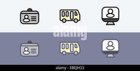 Ensemble de symboles vectoriels d'éducation et d'école moderne - ID d'école, bus scolaire et ensemble d'apprentissage à distance. Illustration de Vecteur
