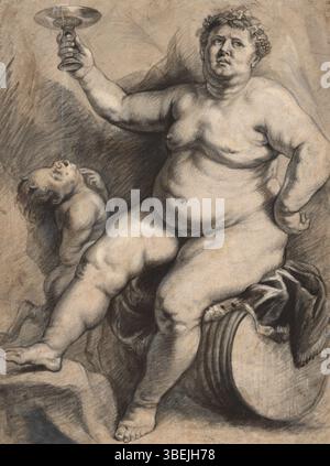 Cette œuvre du XVIe au XVIIe siècle, attribuée à un artiste flamand non identifié, représente Bacchus, le Dieu romain du vin, d'après une composition de Peter Paul Rubens. Il est créé avec de la craie et un rehaussement blanc sur papier, mesurant 37,5 x 27,9 cm, et est logé dans la collection de la Rhode Island School of Design. Banque D'Images