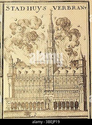 Cette image illustre le bombardement et le feu de Bruxelles en 1695 par les troupes françaises sous le roi Louis XIV. le détail d'une carte montre l'incendie de l'Hôtel de ville et de la Maison du Roi (Halle au pain), ainsi que l'artillerie et les bombes incendiaires utilisées lors de l'attaque. Banque D'Images