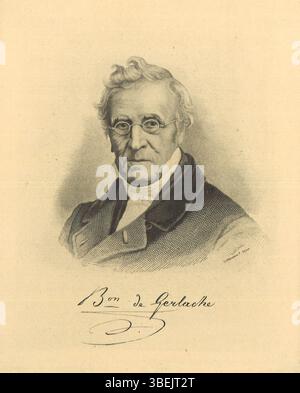 Le titre fait référence à Etienne-Constantin Baron de Gerlache, avec la gravure réalisée par F. de Meersman. L'œuvre date du XIXe siècle et détaille le portrait du baron. Banque D'Images