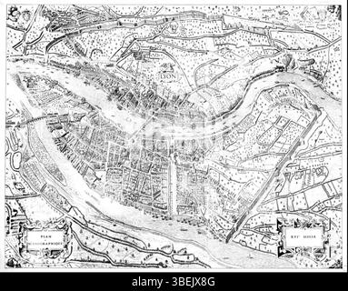 Un fac-similé du plan scénographique de Lyon de 1550, basé sur l'œuvre historique de Menestrier 'histoire de Lyon'. La carte met en valeur la ville de Lyon au XVIe siècle. Banque D'Images