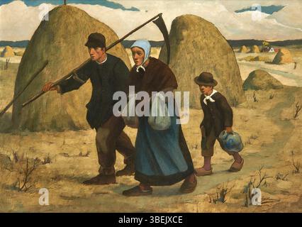 'Retour des champs' d'Eugène Laermans représente un travailleur rural revenant des champs, symbolisant la fin d'une journée de travail. Peint avant 1940, il illustre l'exploration par l'artiste de la classe ouvrière et de leur relation avec la nature et la terre. Banque D'Images