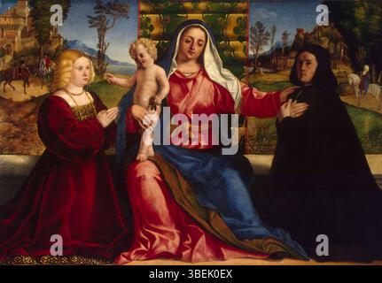 Cette peinture de Palma Vecchio, créée vers 1505, représente la Vierge et l'enfant, avec des donateurs inclus dans la composition. L'œuvre reflète la tradition Renaissance de commander l'art religieux, soulignant le lien entre le divin et les patrons. Banque D'Images