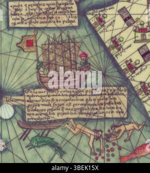 Cette reproduction de l'atlas catalan, peut-être par Cresques Abraham, montre une jonque javanaise (jong) naviguant dans la mer d'Arabie en 1375. L'image met en valeur la culture maritime et les routes commerciales de l'océan Indien à l'époque médiévale. Banque D'Images