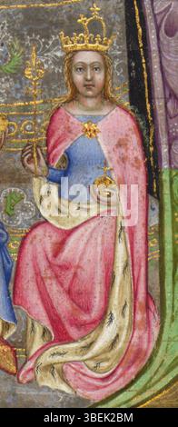 Cette page du *Wenzelsbibel* (1389-1400) présente une illumination médiévale représentant le roi Venceslas IV et diverses figures bavaroises. Le manuscrit illustre le haut niveau d'artisanat et de détails artistiques dans les textes religieux médiévaux tardifs. Banque D'Images