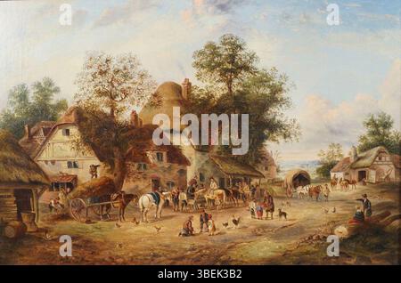 Une peinture de Georgina Lara (fl. 1862–1871) représentant une scène urbaine dynamique et active, illustrant la vie quotidienne au XIXe siècle. L'atmosphère animée capte l'énergie de l'époque. Banque D'Images