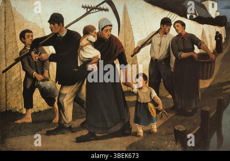 Le tableau d'Eugène Laermans, « retour des champs », représente les travailleurs revenant du travail, capturant l'épuisement et la simplicité de la vie rurale avant 1940. Banque D'Images