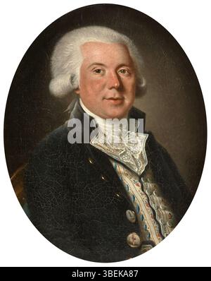 Tableau de 1787 attribué à Simon Pinson (1739-1822), représentant un homme portant un gilet décoratif fleuri. Le portrait reflète la mode de la fin du XVIIIe siècle, mettant en valeur les motifs textiles détaillés et la tenue raffinée. Banque D'Images